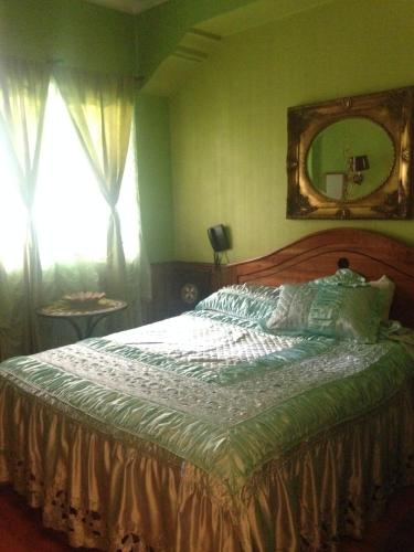 a bedroom with a large bed with a mirror on the wall at Hotel La Castellana in Santiago