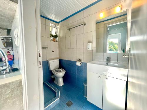 a blue and white bathroom with a toilet and a sink at Panorama Apartments in Kastrí