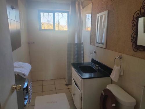 uma casa de banho com um lavatório, um WC e um espelho. em Beautiful Rustic Cottage Adobe, Rancho El Payasito em Cuauhtémoc