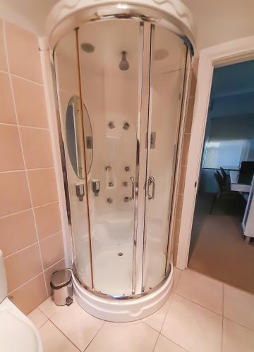 a shower in a bathroom next to a toilet at Golfers Inn in Tenterfield