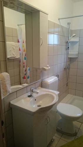 a bathroom with a sink and a toilet and a mirror at Guest House Violeta in Rab