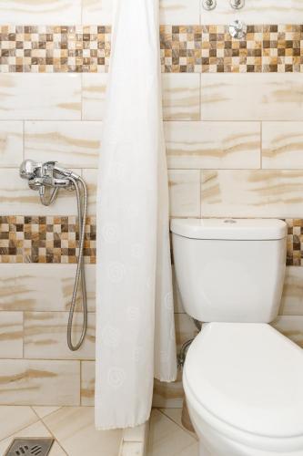 a white shower curtain in a bathroom with a toilet at Vila Nikezić in Sutomore