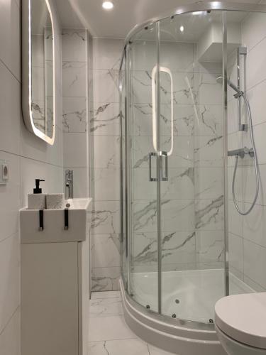 y baño con ducha, aseo y lavamanos. en New Modern apartment in the heart of city center Delft, en Delft