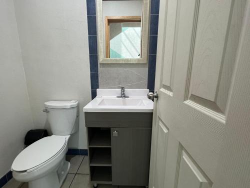 a bathroom with a toilet and a sink and a mirror at CASA EL CHALET in Morelia