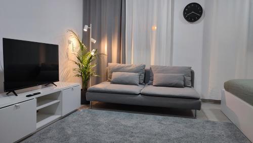 ein Wohnzimmer mit einem Sofa und einem Flachbild-TV in der Unterkunft Studio Apartment 12 Minutes from Bahai's garden in Haifa