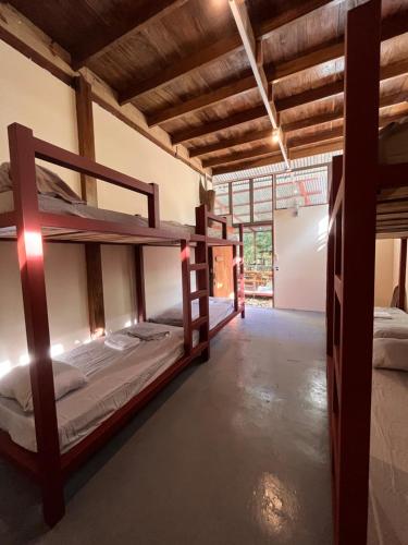 two bunk beds in a room with a vaulted ceilings at Hostel Tuanis Surf Camp in Santa Teresa Beach