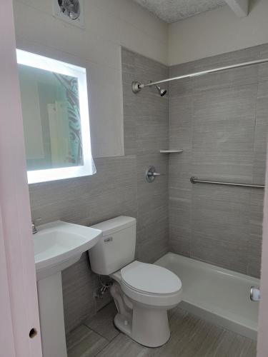 a bathroom with a toilet and a sink and a shower at Budget Inn Winter Haven Auburndale in Winter Haven