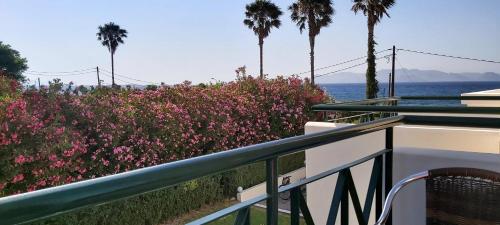 a balcony with pink flowers and palm trees and the ocean at Andromeda Hotel Apartments in Kos Town