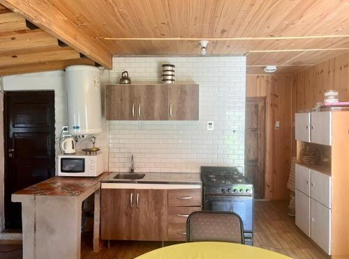 波特雷里約斯的住宿－Casa Azul，厨房配有木制橱柜和炉灶。