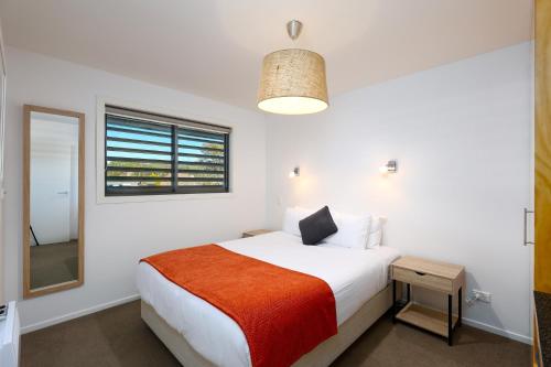 a bedroom with a bed and a window and a mirror at Kaiteriteri Reserve Apartments in Kaiteriteri