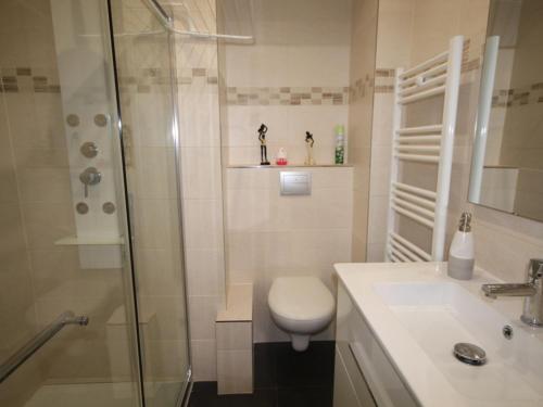 une salle de bain avec une douche, des toilettes et un lavabo dans l'établissement Magnifique T2 avec Wifi en centre, 1 chambre, 3 étoiles - FR-1-608-85, à Le Mont-Dore