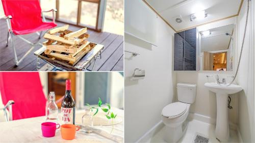 W łazience znajduje się toaleta, umywalka i czerwone krzesło. w obiekcie Club Lespia in Pocheon Baegun Valley w mieście Pocheon