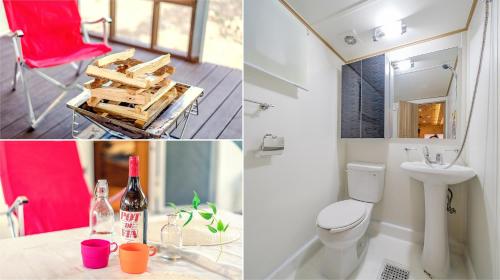 a bathroom with a toilet a sink and a red chair at Club Lespia in Pocheon Baegun Valley in Pocheon