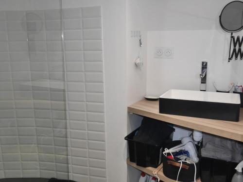 ein Bad mit einem Waschbecken und einer Dusche in der Unterkunft Appartement Le Palais, 3 pièces, 4 personnes - FR-1-418-226 in Le Palais