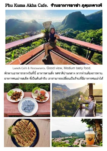 a collage of photos of food and a woman sitting on a bench at Bua Patumma Resort in Mae Sai