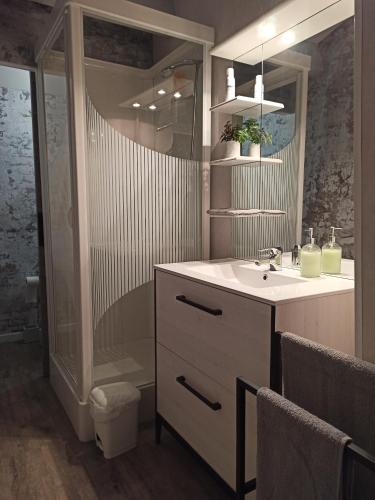 een badkamer met een wastafel en een douche bij Magnolia in Trois-Palis
