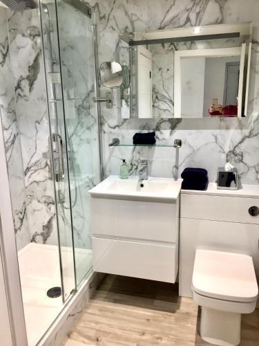 a bathroom with a shower and a sink at Stylish Sea View Apartment with Parking in Penzance