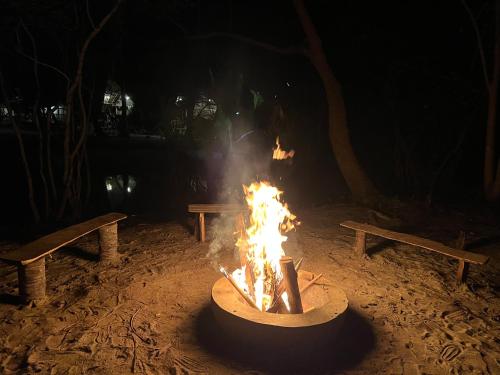 a fire pit in the dirt with two benches at Kanipa Beach Glamping in El Nido
