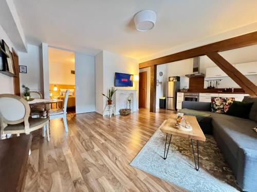 a living room with a couch and a table at Gemütliches Studio Apartment in Kehl Goldscheuer - 1A Guesthouse in Kehl am Rhein