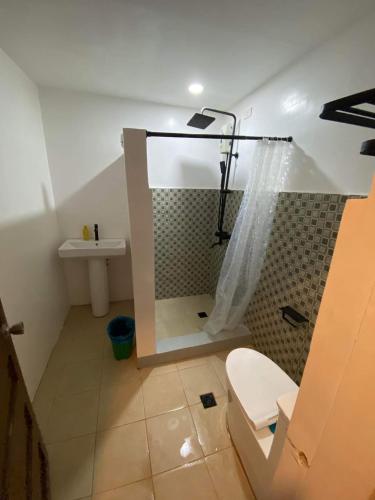 a bathroom with a shower with a toilet and a sink at OCEANVIEW HOMESTAY in Alaminos