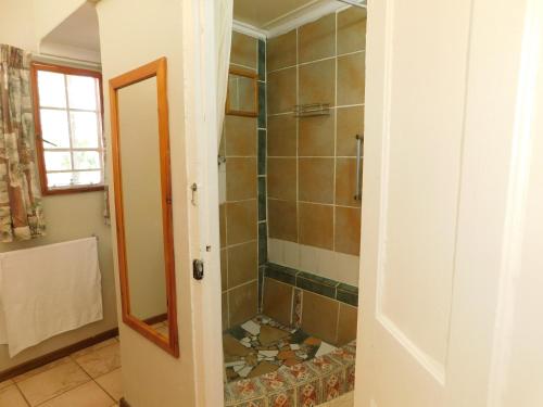 a bathroom with a shower with a glass door at De Rusty Farm in De Rust