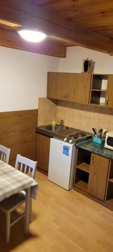 a kitchen with a white refrigerator and a table at Mohás Vendégház Kőszeg Mohás út 107 in Kőszeg
