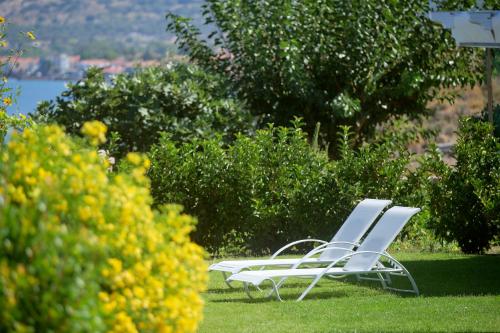 two white chairs sitting on the grass in a yard at Little Bird Lesvos in Petra