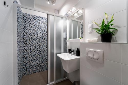 a bathroom with a shower and a toilet and a sink at Home sweet Home in Budapest