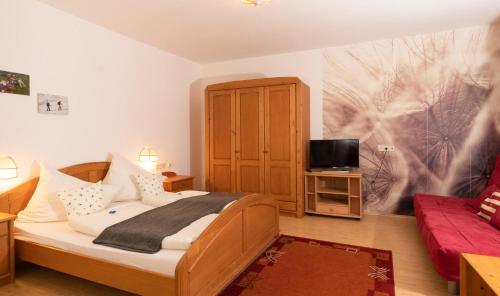 a bedroom with a bed and a tv and a couch at Landhaus Rainer in Mallnitz