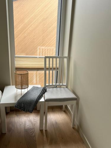 a chair sitting in front of a window at Apartamentai Muziejaus g. in Birštonas