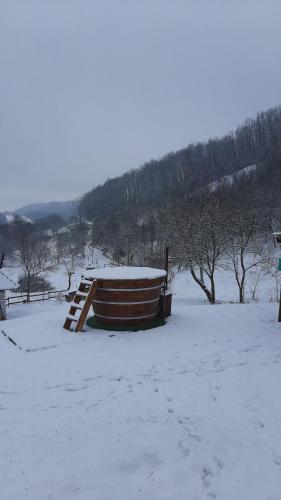a wooden structure in a snow covered field at Poiana Stelelor in Văleni