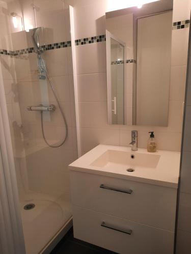 a bathroom with a sink and a shower with a mirror at Le grand Sillon in Saint Malo