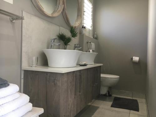 a bathroom with a sink and a toilet and a mirror at Seaforth Suite in Simonʼs Town