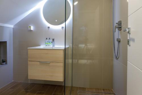 a bathroom with a shower with a sink and a mirror at MyHome2 in Subotica