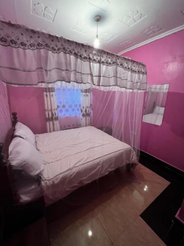 Caroline’s property في Oyugis: غرفة نوم وردية مع سرير مع مظلة