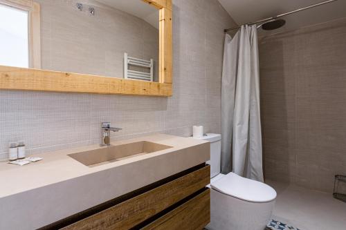ein Badezimmer mit einem Waschbecken, einem WC und einem Spiegel in der Unterkunft Árbol del Té in Girona