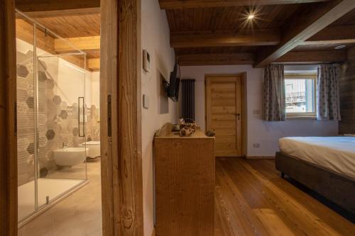 a bedroom with a bed and a bathroom with a shower at Fleur des neiges & Spa - Adults only in Ayas