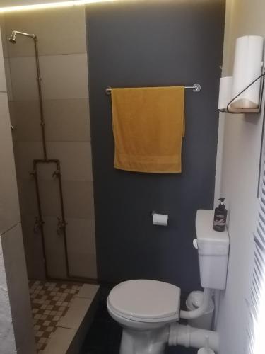 La salle de bains est pourvue de toilettes et d'une douche avec une serviette jaune. dans l'établissement Exquisite Minimalistic Room, à Pietermaritzburg