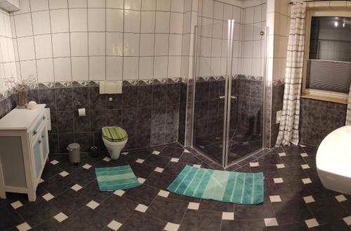 baño con ducha y alfombras azules en el suelo en Landperle klein und fein, en Altenhof