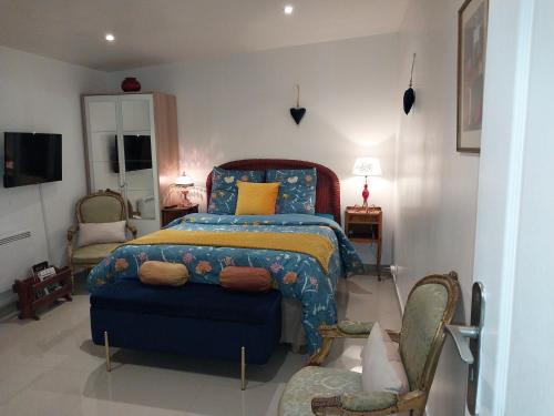 a bedroom with a bed and two chairs and a tv at Les Gites Capra - La parisienne in Paray-Vieille-Poste