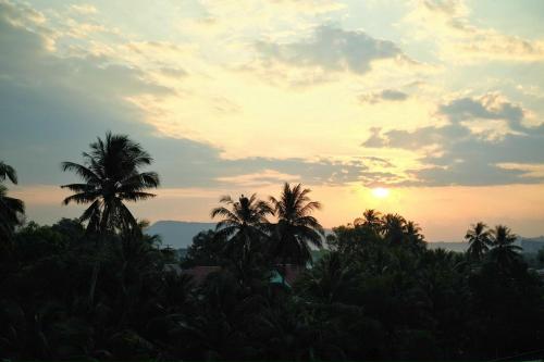 a group of palm trees in front of a sunset at Eco Lagoon in Phu Quoc