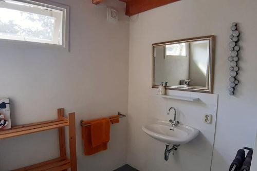 ein weißes Badezimmer mit einem Waschbecken und einem Spiegel in der Unterkunft Farm apartment, self checkin in Anna Paulowna