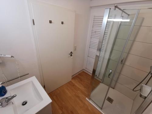 a bathroom with a shower and a sink at Ferienanlage Haus hinter den Dünen App 9 EG 1 in Prerow