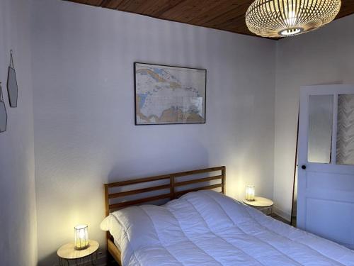ein Schlafzimmer mit einem Bett und zwei Tischen mit Beleuchtung in der Unterkunft Appartement au centre de Dinard in Dinard
