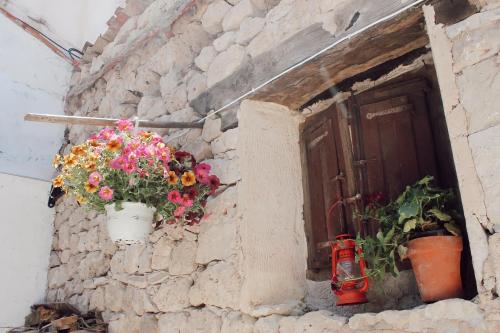 a stone wall with two potted plants and a window at Las Calendas de Atapuerca CB in Castrillo del Val