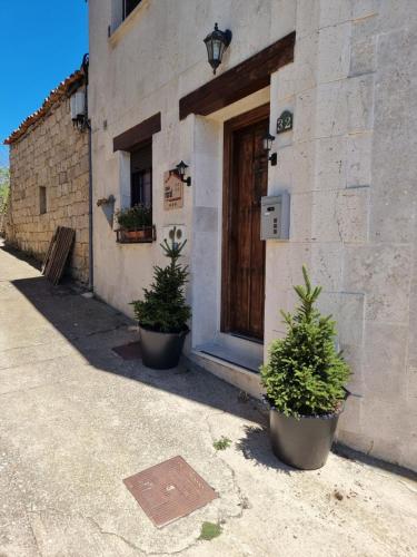 a building with two potted plants in front of a door at Las Calendas de Atapuerca CB in Castrillo del Val