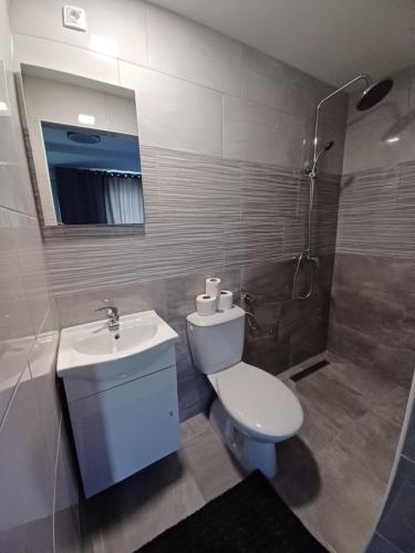 Łazienka z białą toaletą i umywalką w obiekcie Aquas AP w mieście Petrijanec