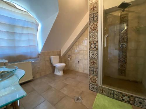 a bathroom with a shower and a toilet and a sink at Hermina apartmanház in Budapest