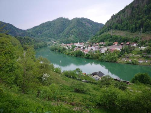 a river with a town in the middle of a valley at Apartmaji pri Dravi in Podvelka