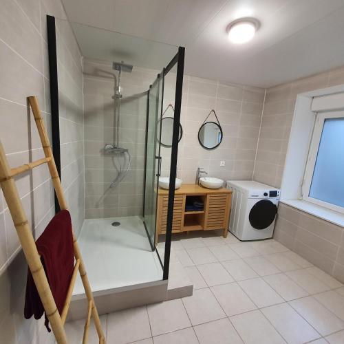 une salle de bain avec douche et machine à laver dans l'établissement Le Mont comme à la maison, à Roz-sur-Couesnon